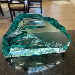 HOVMANTORP SWEDEN Iceberg Art Glass Engraved Reindeers. Heavy and Solid.